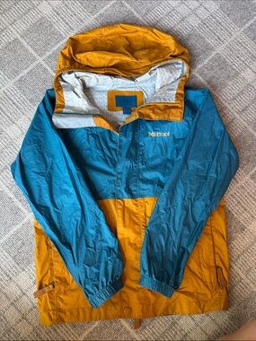 Marmot Teal and Mustard Two-Tone Kids Hooded Rain Jacket